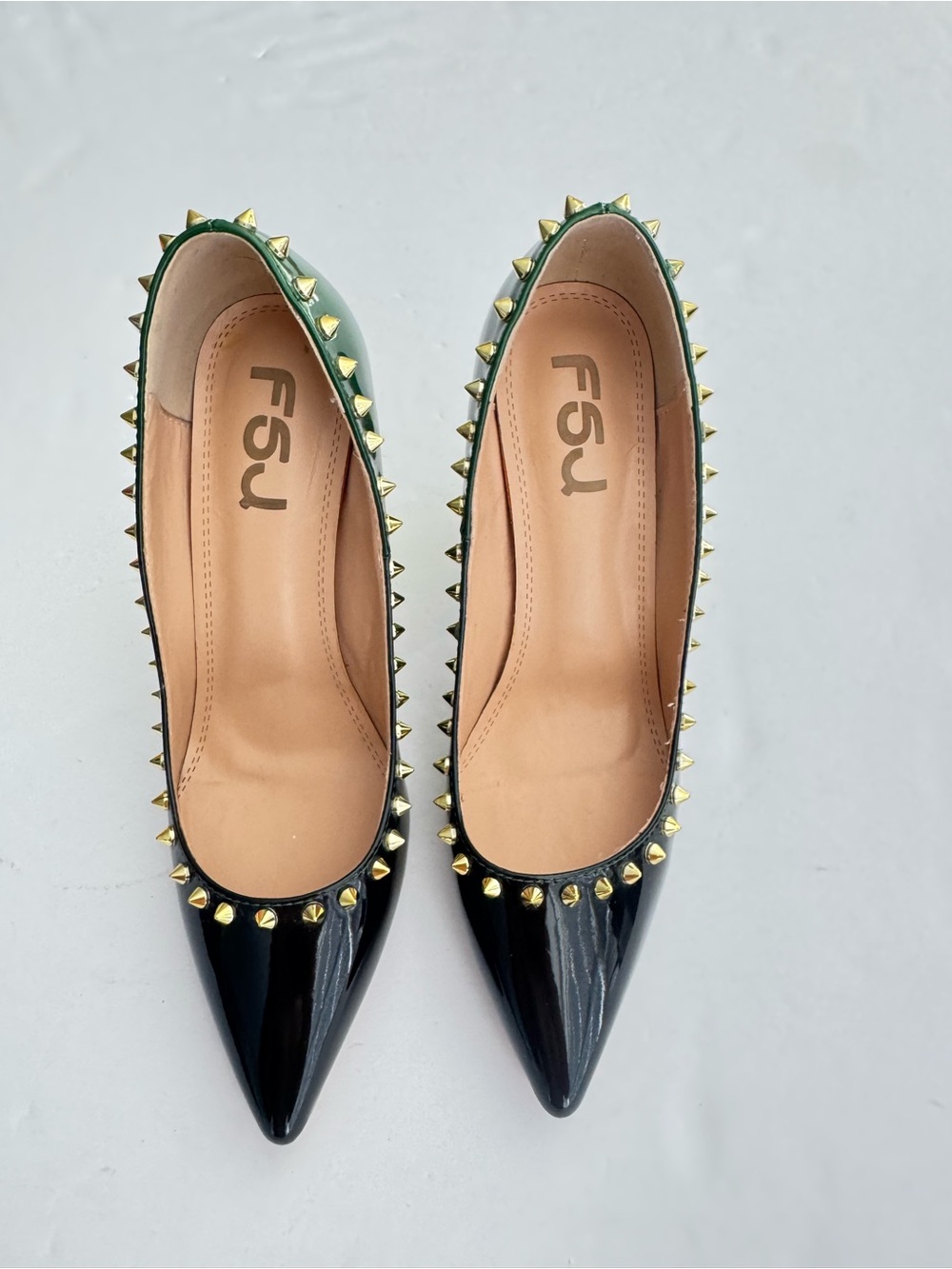 FSJ Black Patent Pointed Toe Flats with Gold Spike Studs